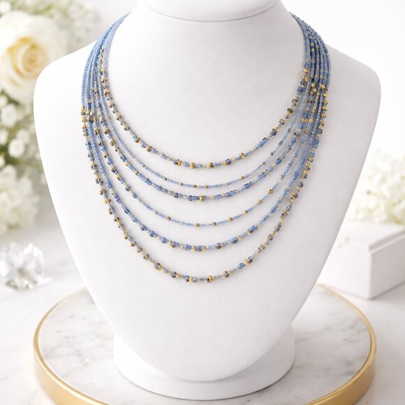 Jewelry - Multi-Strand Blue Beaded Necklace with Gold Tone Accents